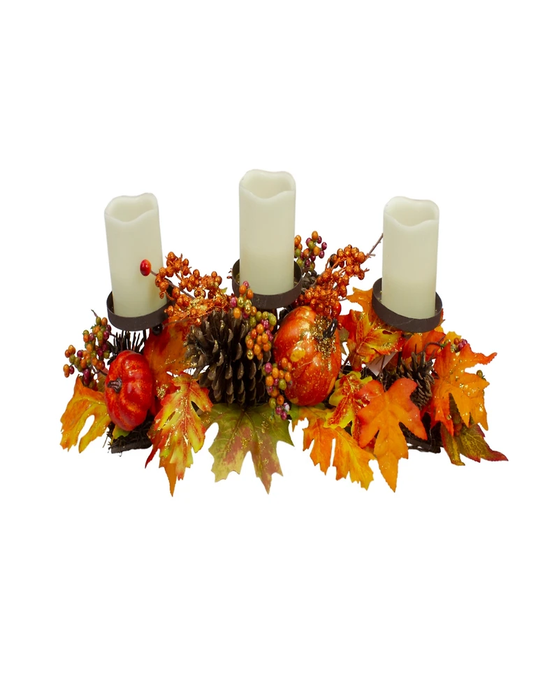 21" Orange Fall Harvest Leaves and Pumpkins Candle Holder