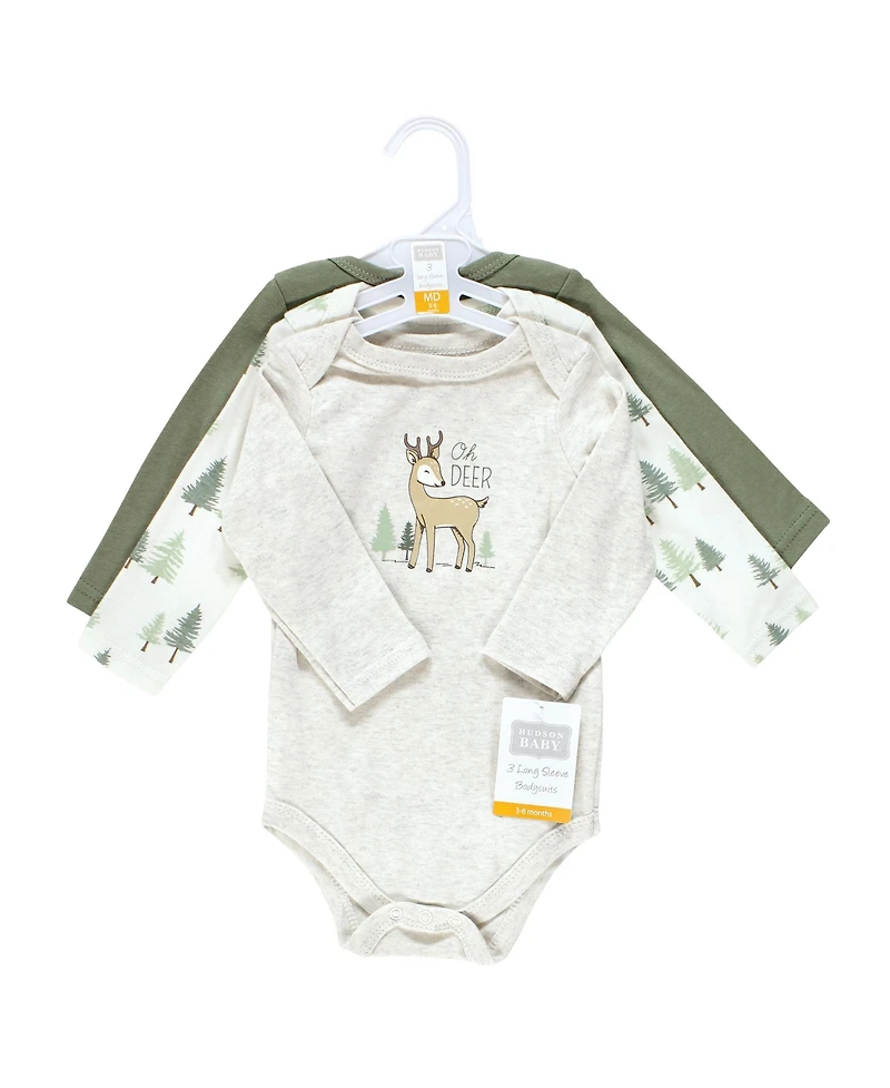 Hudson Baby Boys Cotton Long-Sleeve Bodysuits, Forest Deer 3-Pack, 12-18 Months