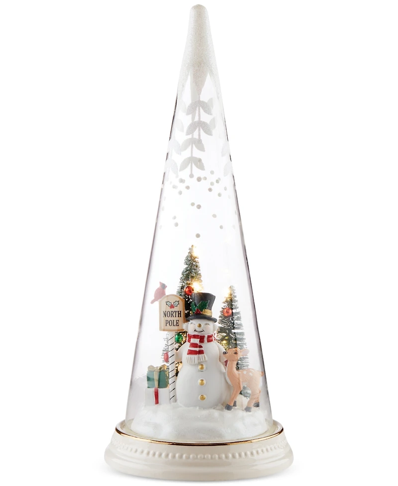 Lenox Lighted Christmas Cone With North Pole Snowman Scene Figurine