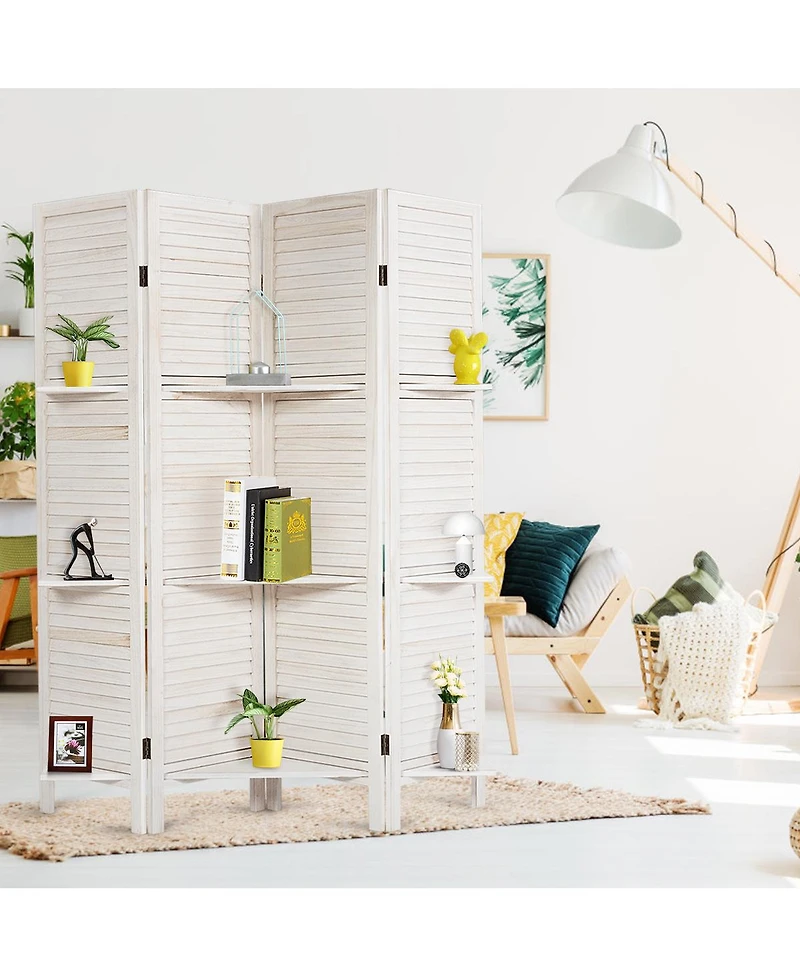 4 Panel Folding Room Divider Screen W/3 Display Shelves 5.6 Ft Tall