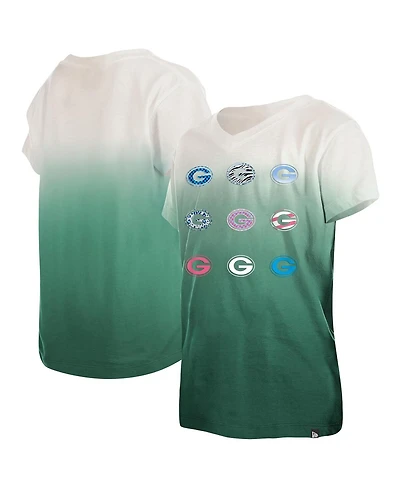 Big Girls New Era Green Green Bay Packers Multi Logo Ombre V-Neck T-shirt