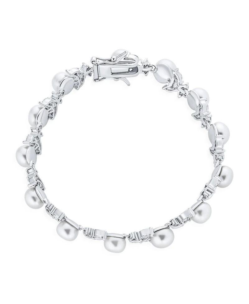 Bling Jewelry Multi Cz Marquise Leaves Vine White Button Freshwater Cultured Pearl Bracelet For Women 7 Inch