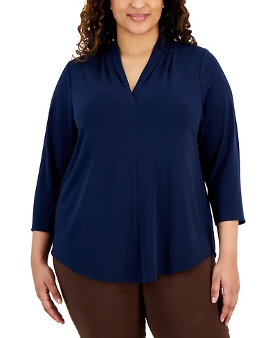 Jm Collection Plus Size Solid V-Neck 3/4-Sleeve Top, Exclusively at Macy's