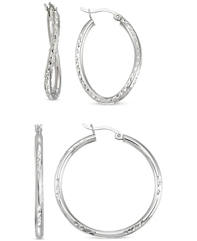 2-Pc. Set Textured Wavy & Round Hoop Earrings in Sterling Silver