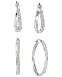 2-Pc. Set Wavy & Round Glitter Hoop Earrings in Sterling Silver