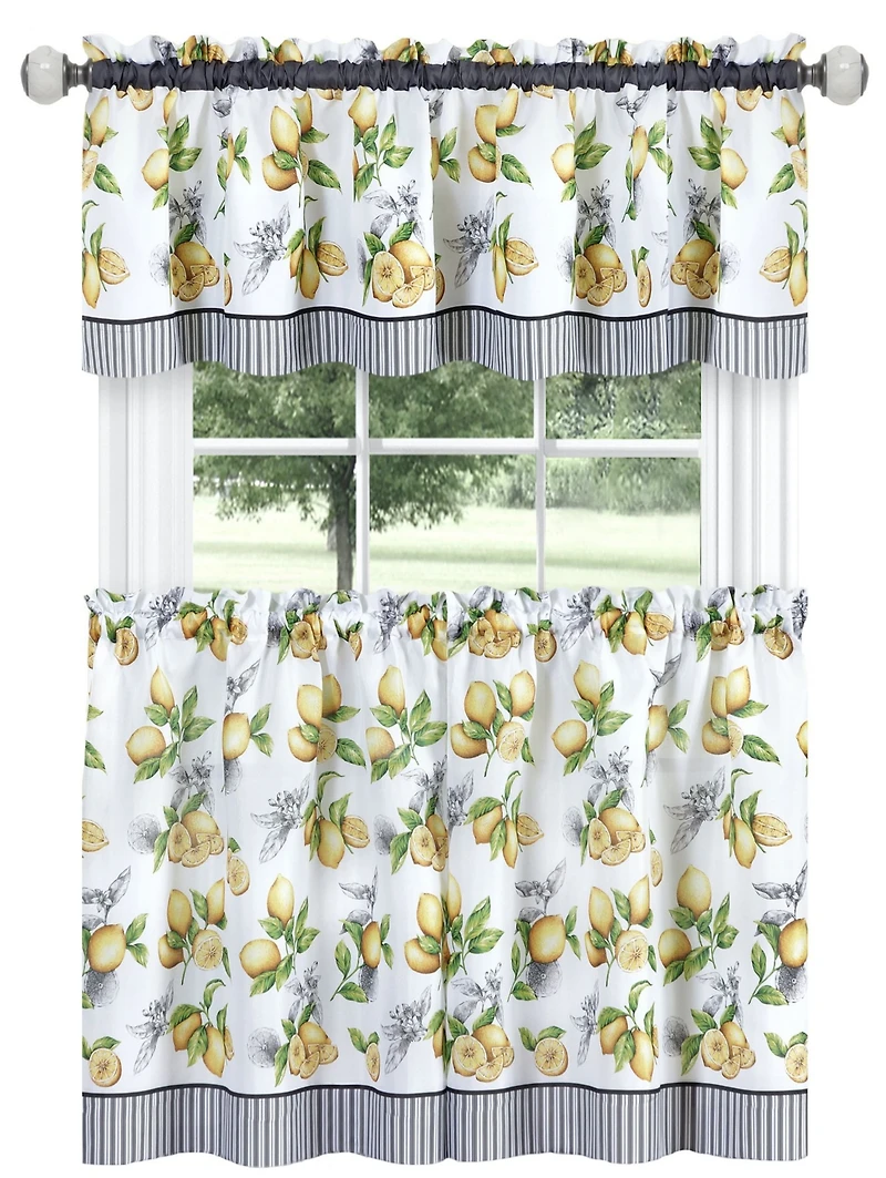 Kate Aurora Country Lemons Complete Cafe Style Kitchen Curtain Tier & Valance Set