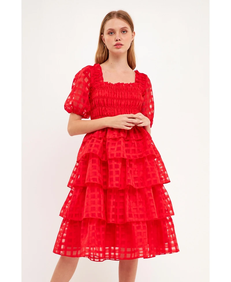 English Factory Women's Check Organza Tiered Midi Dress