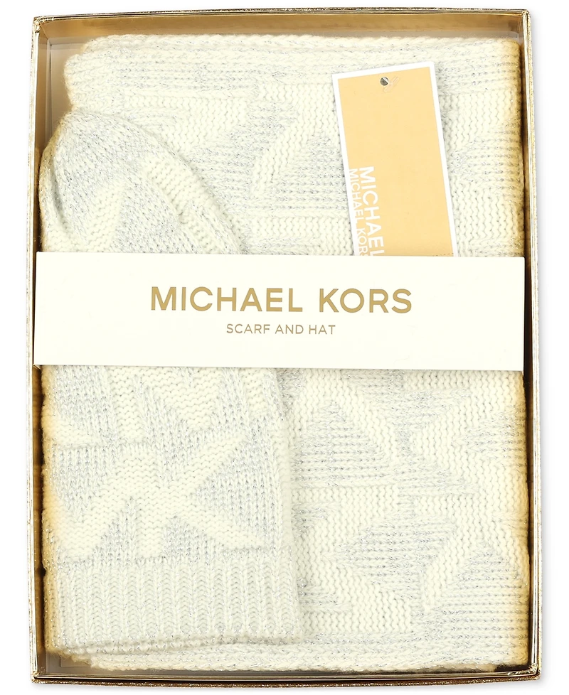 Michael Kors Women's Debossed Knit Metallic Beanie & Scarf Set