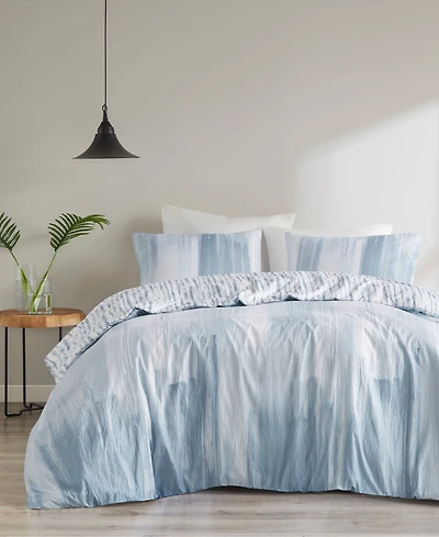 Natori Brush Stroke Oversized Reversible Seersucker 3 Piece Duvet Cover Set, King