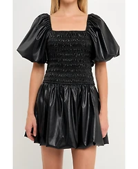 endless rose Women's Pu leather Smocked Balloon Detail Mini Dress