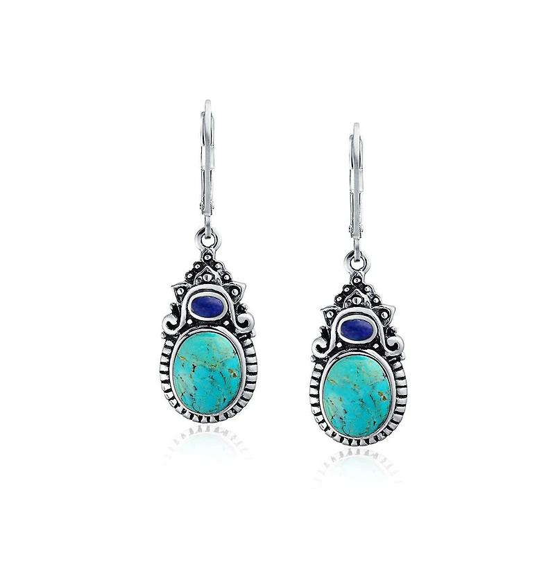 Bling Jewelry South Western Style Multi Stones Natural Stabilized Turquoise Oval Lapis Lever back Dangle Earrings Sterling Silver