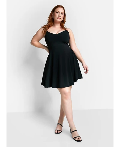 Rebdolls Women's Stylish Black V Neck Cotton Mini Skater Dress with Adjustable Straps
