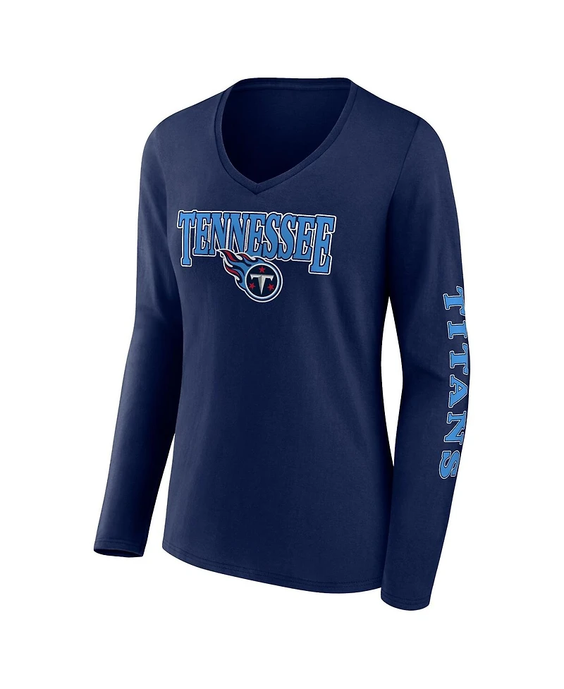 Women's Fanatics Navy Tennessee Titans Wordmark Long Sleeve V-Neck T-shirt