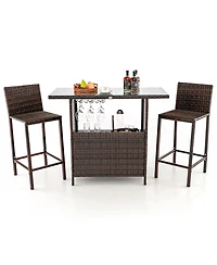 Patio 3PCS Wicker Bar Set Height Table Two Stools with 3 Rows Stemware Racks Garden