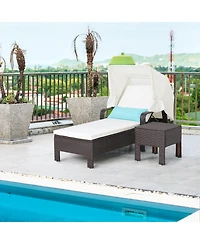 2PCS Patio Rattan Lounge Chair Chaise with Side Table Folding Canopy Cushion Pillow