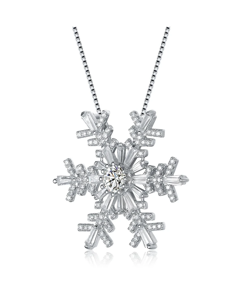 Sterling Silver White Gold Plated Clear Cubic Zirconia Accent Snowflake Pendant Necklace