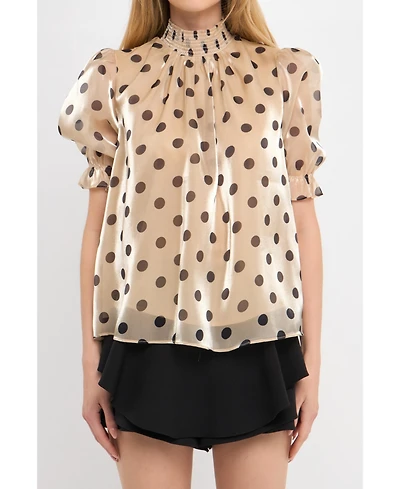 English Factory Women's Polka-dot Puff Sleeve Top with Mock neck