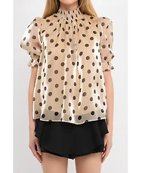 English Factory Women's Polka-dot Puff Sleeve Top with Mock neck
