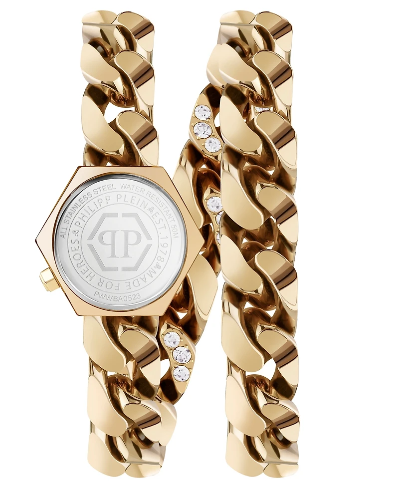 Philipp Plein Women's The Hexagon Gold-Tone Stainless Steel Crystal Link Wrap Bracelet Watch 28mm