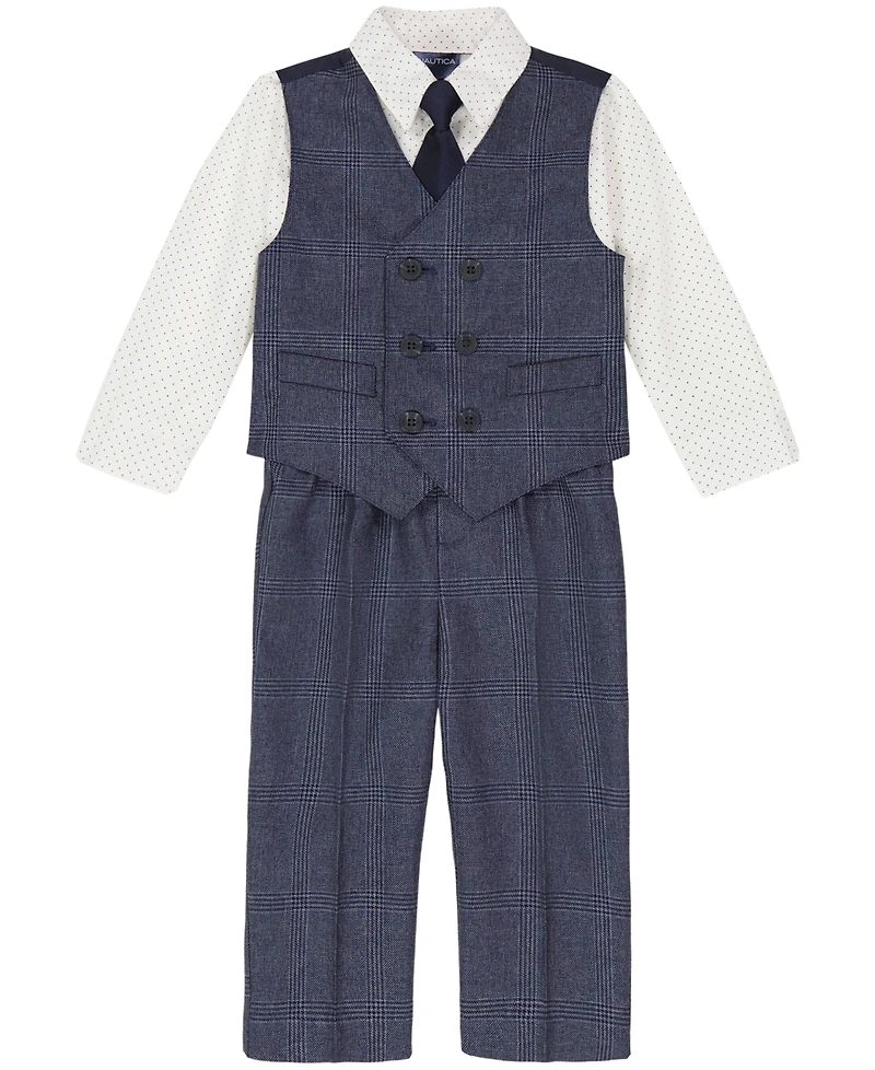 Nautica Toddler and Little Boys Shirt, Windowpane Vest, Pants & Neck Tie Set, 4 piece
