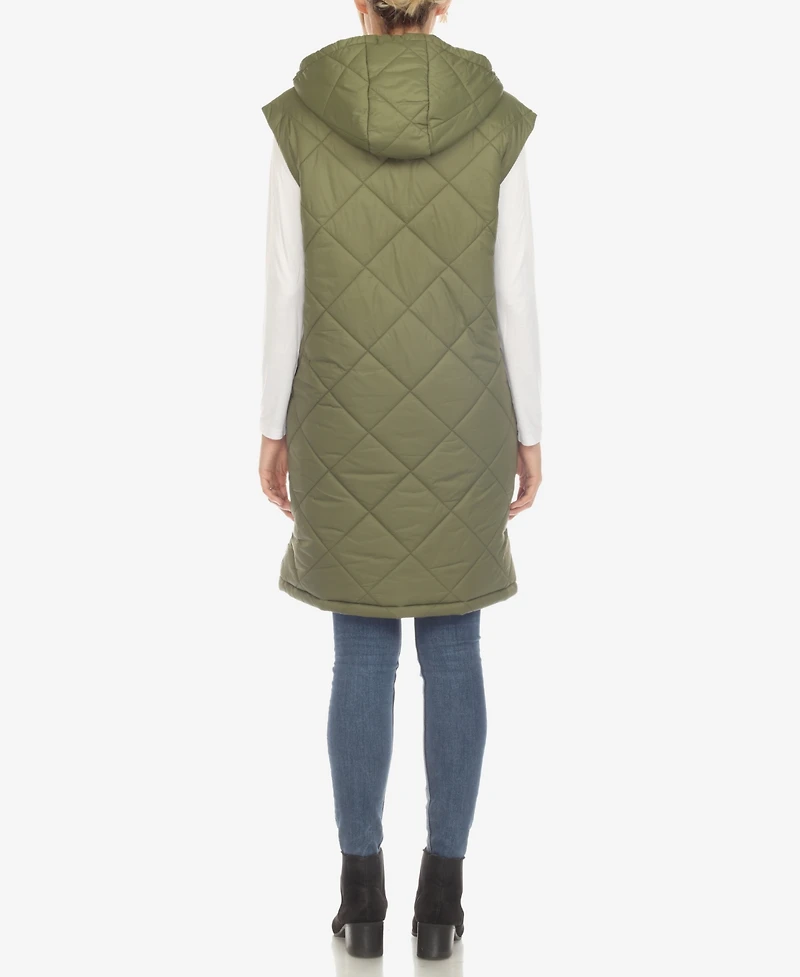 White Mark Women's Diamond Quilted Hooded Long Puffer Vest Jacket