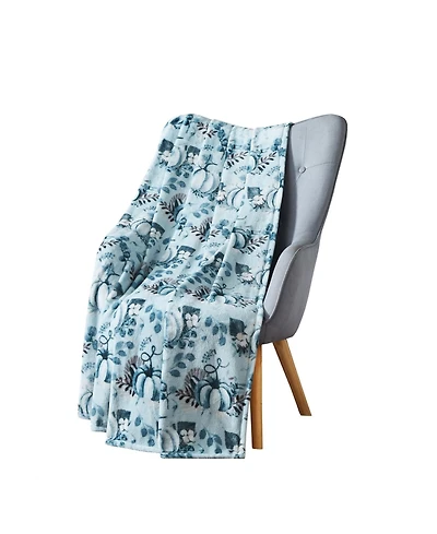 Kate Aurora Coastal Autumn Harvest Teal Halloween Pumpkin Patch Plush Oversized Accent Throw Blanket - 50 In. W X 70 In. L