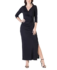 24seven Comfort Apparel Women's Fitted V-neck Side Slit Maxi Dress