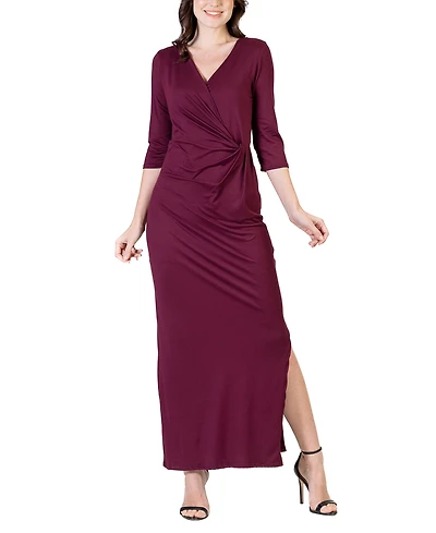 24seven Comfort Apparel Women's Fitted V-neck Side Slit Maxi Dress