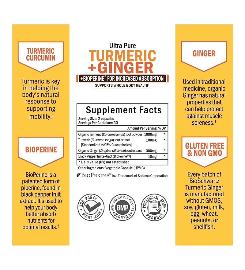 BioSchwartz Organic Turmeric Curcumin and Ginger - 95% Standardized Curcuminoids with BioPerine Black Pepper Extract for Ultra High Absorption