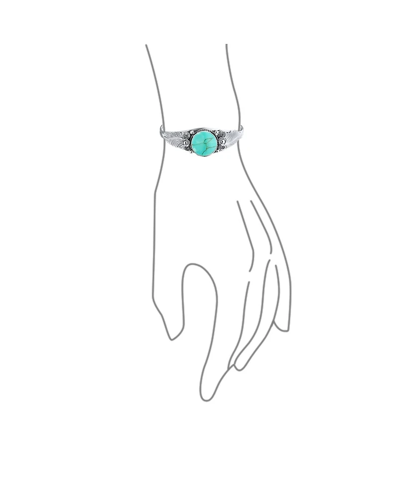 Bling Jewelry Nature Leaf Flowers Round Cabochon Statement Black Natural Onyx or Blue Turquoise Wide Cuff Bracelet Sterling Silver