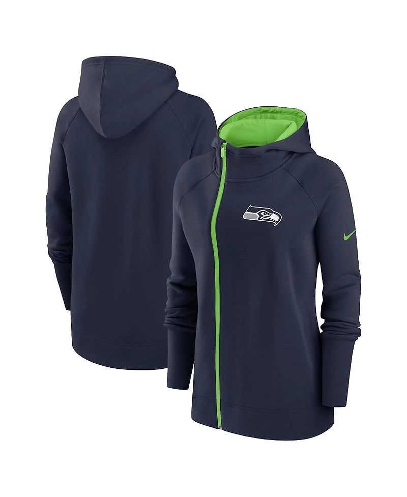 Women's Nike College Navy Seattle Seahawks Asymmetrical Raglan Full-Zip Hoodie