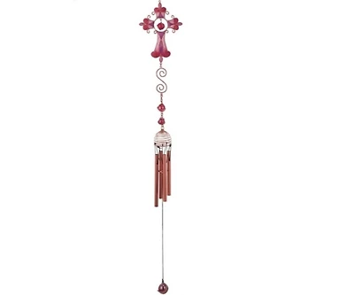 28" Long Pink Cross Wind Chime with Copper Gem