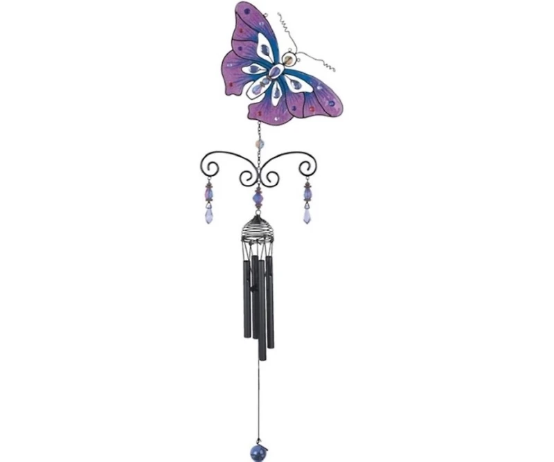 32" Long Pink Butterfly Wind Chime with Black Gem