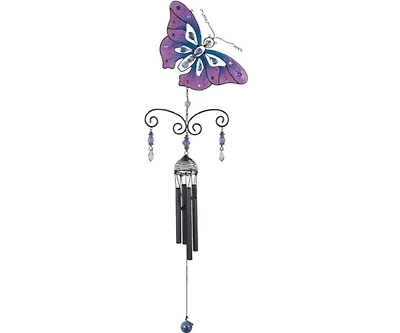 32" Long Pink Butterfly Wind Chime with Black Gem