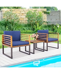 3pcs Patio Acacia Wood Bistro Conversation Cushioned Chair & Table Set Outdoor