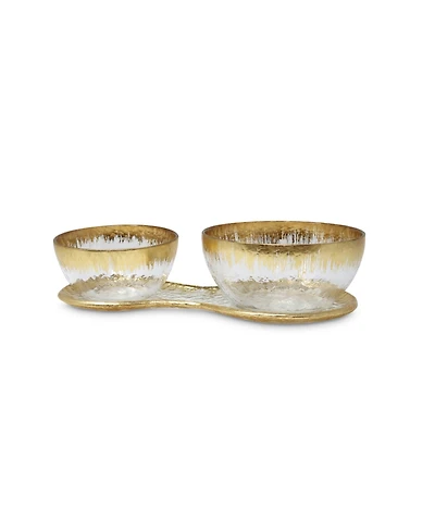 2 Bowl Relish Dish on Tray with Gold-Tone Design, 3 Piece Set