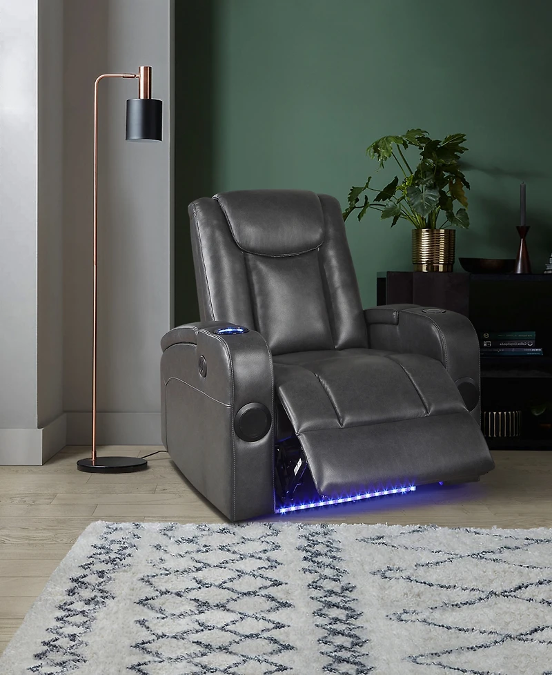 White Label Bryce 36" Power Reclining Chair with Wireless Charger, Cooling Cup-Holder, Storage Arms, Speakers, Led Light and Usb Port