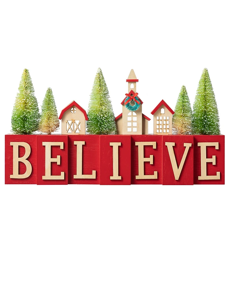 Glitzhome 14" L Christmas Wooden House or Brush Trees Table Decor