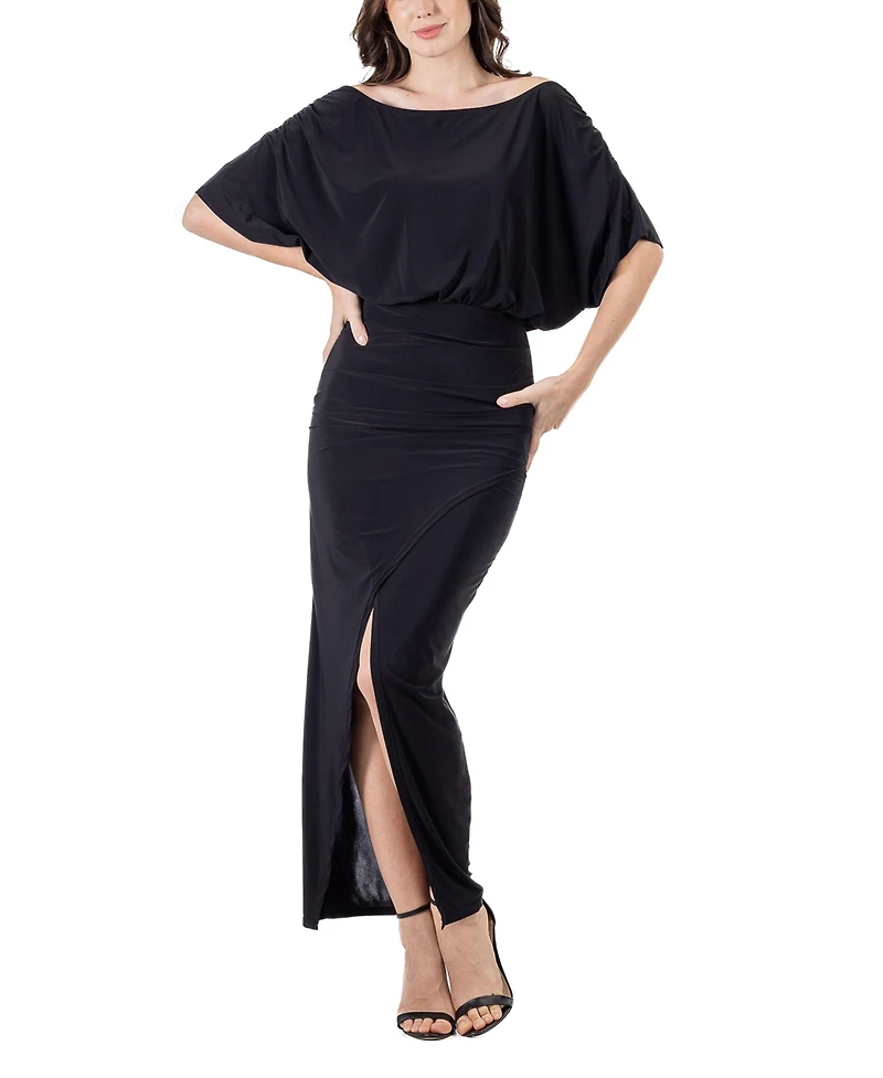 24seven Comfort Apparel Women's Boat Neck Slit Maxi Dress