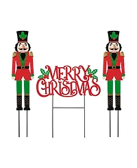 Set of 3 Metal Nutcracker and Merry Christmas Yard Stake