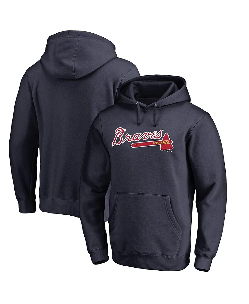 Men's Fanatics Navy Atlanta Braves Official Wordmark Fitted Pullover Hoodie