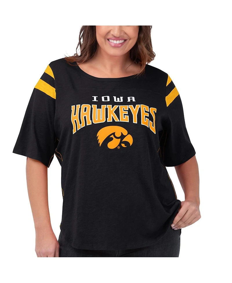 Women's G-iii 4Her by Carl Banks Black Iowa Hawkeyes Plus Linebacker Half-Sleeve T-shirt