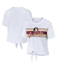 Women's Wear by Erin Andrews White Florida State Seminoles Striped Front Knot Cropped T-shirt