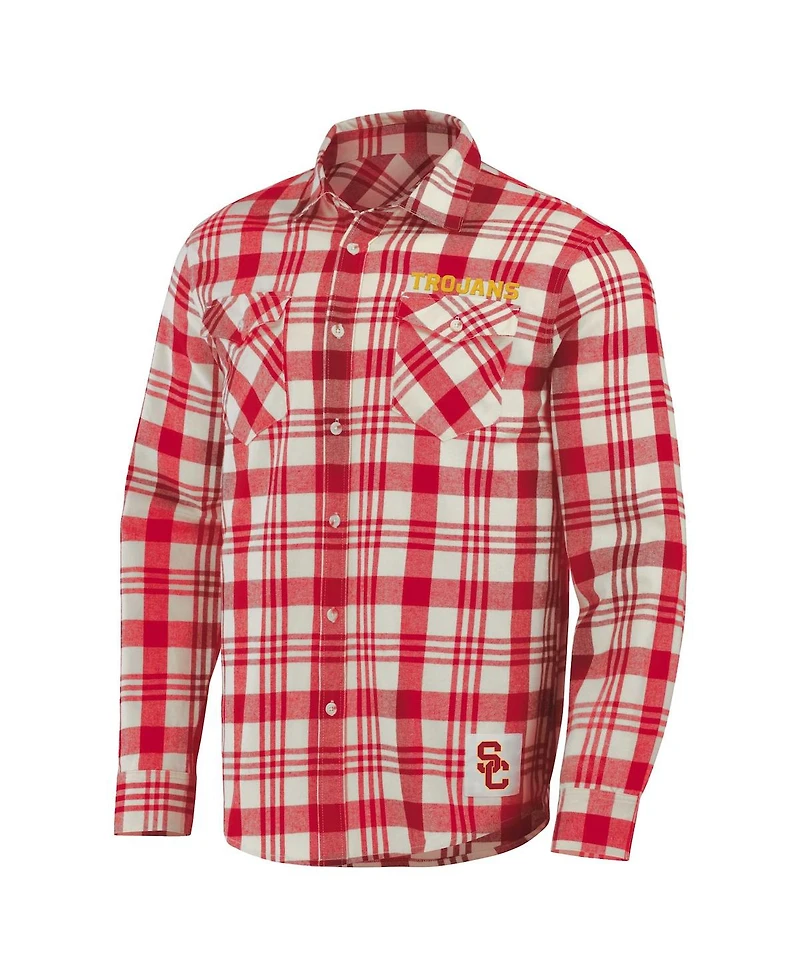 Men's Darius Rucker Collection by Fanatics Cardinal, Natural Usc Trojans Plaid Flannel Long Sleeve Button-Up Shirt