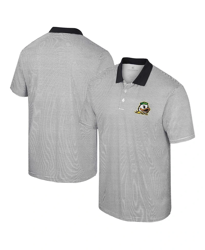 Men's Colosseum White, Black Oregon Ducks Print Stripe Polo Shirt