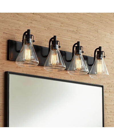 Cindy Farmhouse Industrial Rustic Wall Light Bronze Brown Metal Hardwired 33" Wide 4-Light Fixture Mounted Clear Glass Shade Bathroom Vanity Mirror Ho