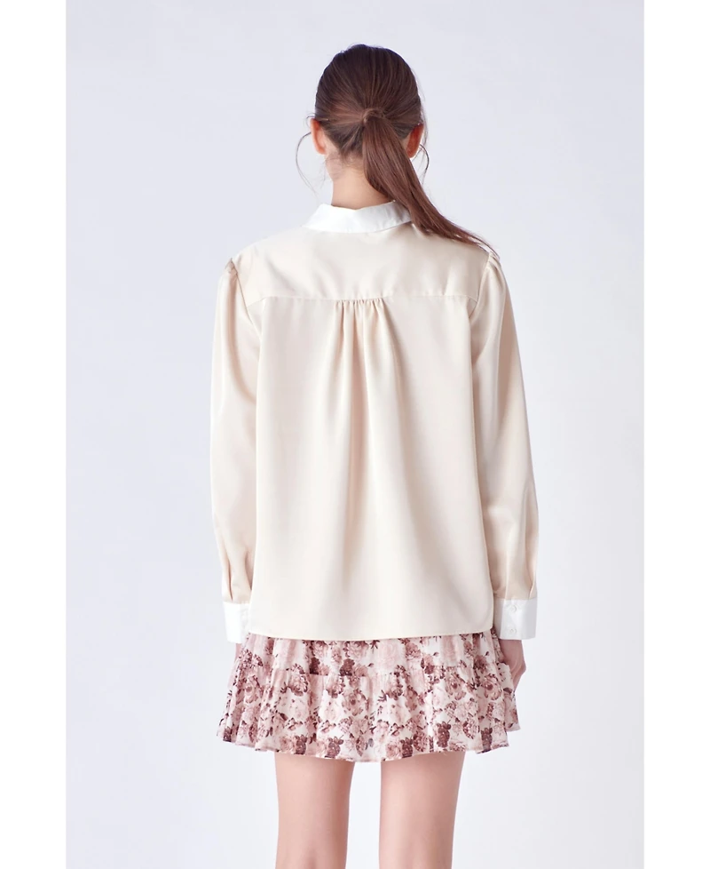 English Factory Women's Silky Shirt with Poplin Combo Collar