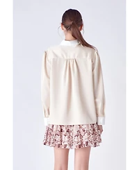 English Factory Women's Silky Shirt with Poplin Combo Collar