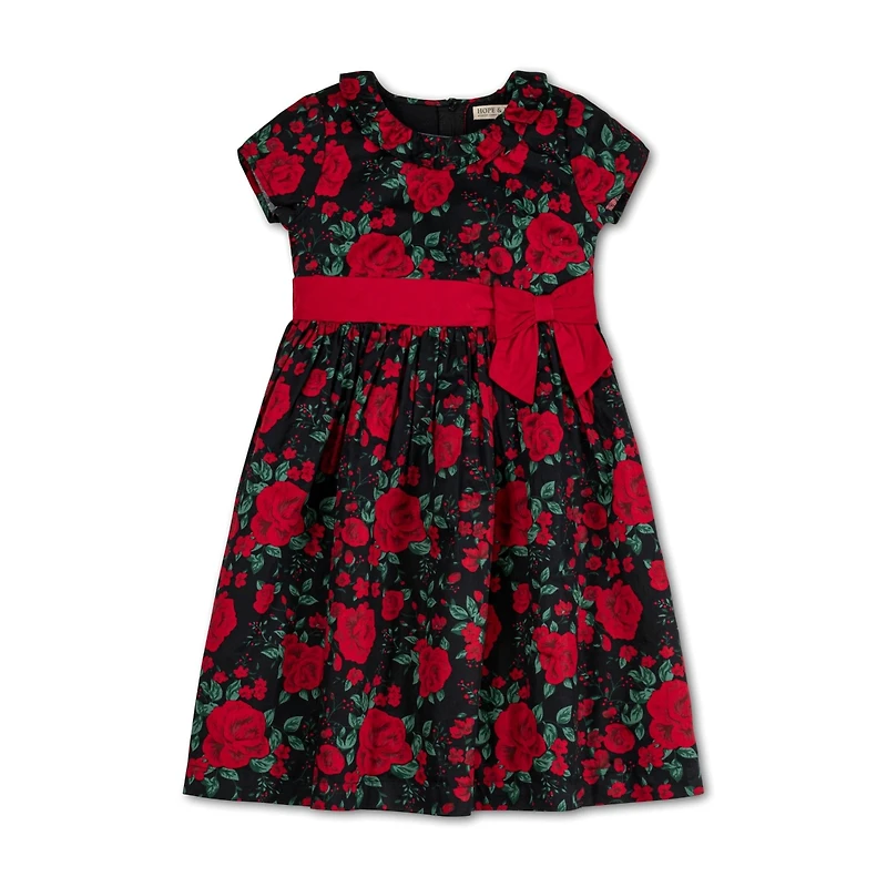 Hope & Henry Little Girls Short Sleeve Ruffle Collar Party Dress with Bow, Toddler|Child