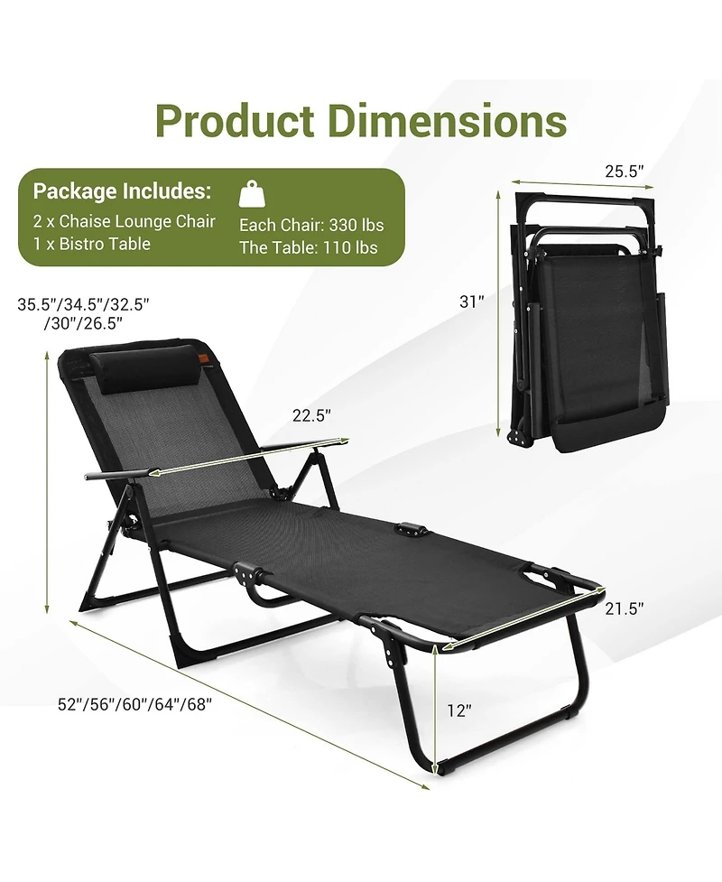3pcs Patio Folding Chaise Lounge Chair Pvc Tabletop Set Outdoor Portable Beach